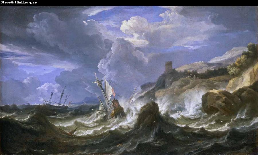 Pieter Meulener A ship wrecked in a storm off a rocky coast